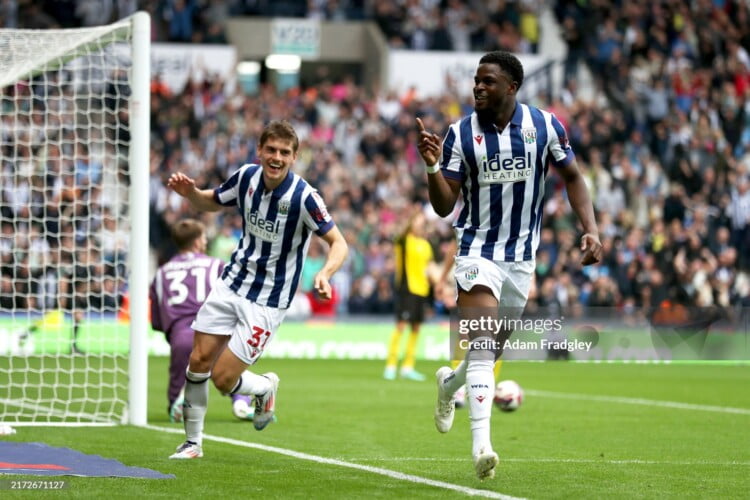 Josh Maja and Tom Fellows celebrating after Josh Maja's opener in the West Bromwich Albion vs Plymouth match.