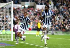 Josh Maja and Tom Fellows celebrating after Josh Maja's opener in the West Bromwich Albion vs Plymouth match.