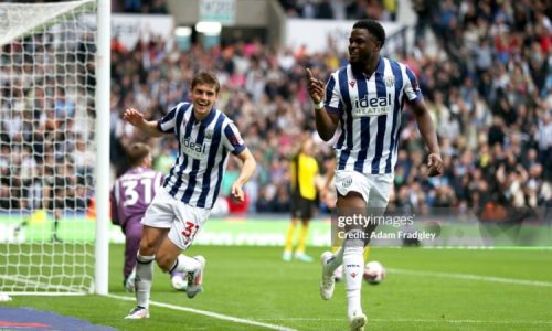 Josh Maja and Tom Fellows celebrating after Josh Maja's opener in the West Bromwich Albion vs Plymouth match.