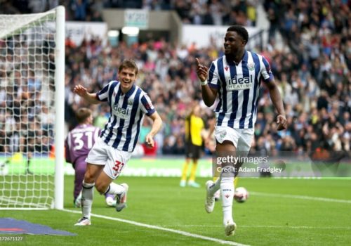 Josh Maja and Tom Fellows celebrating after Josh Maja's opener in the West Bromwich Albion vs Plymouth match.